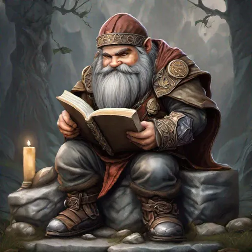 Prompt: dwarf sitting on a stone reading a big book in the style of Anne Stokes