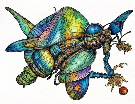 Prompt: Colorful insect in the style of Ivan Bilibin, Ernst Haeckel, Daniel Merriam, watercolor and ink