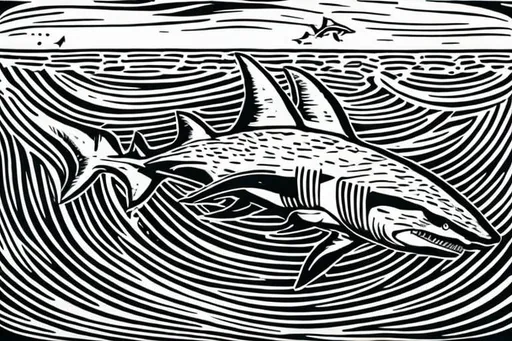 Prompt: colored linocut of a shark swimming under the water