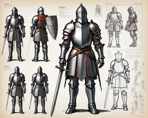 Prompt: A character sheet with multiple angles and poses of a medieval knight, armor, sword, high detail sketch in black ink showing a full body shot with a highly detailed concept art blueprint , vivid colors
