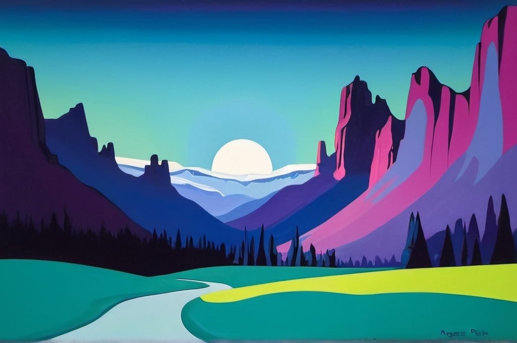 Prompt: landscape, by Agnes Lawrence Pelton, Marker Art, Cool Color Palette, Spotlight