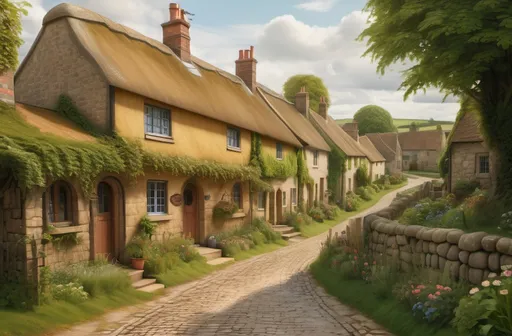 Prompt: A Pre-Raphaelite depiction of a cobblestone street in a serene rural village, showcasing lush greenery and quaint cottages. The scene is styled with vibrant colors, intricate details, and a soft focus that enhances the gentle mood of the village atmosphere.