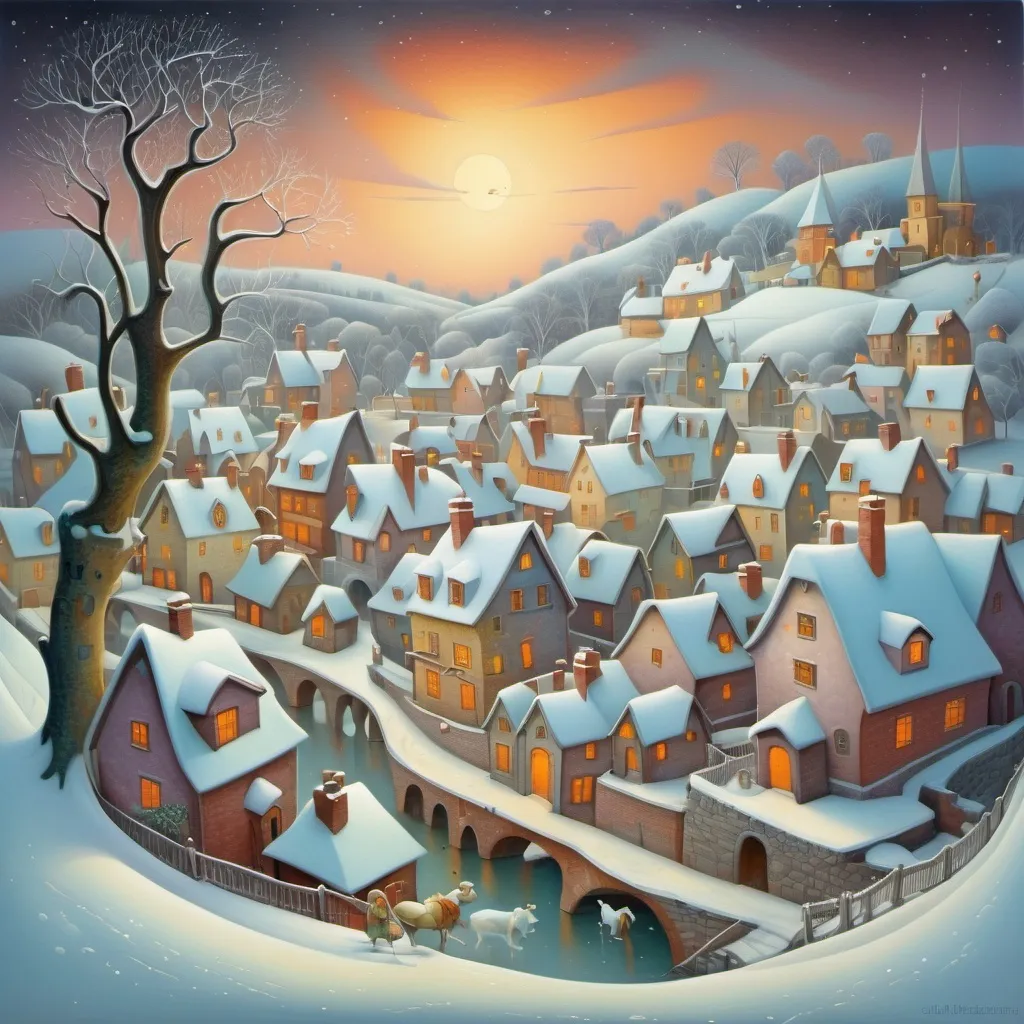 Prompt: village in winter, in the style of Daniel Merriam