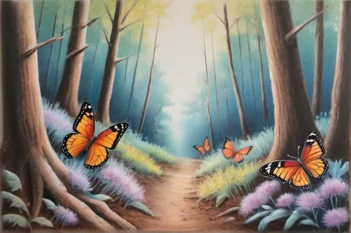 Prompt: Chalk pastel technique, butterfles and nature scenes in chalk pastel technique, powdery texture, blending stumps, soft, vibrant, expressive.