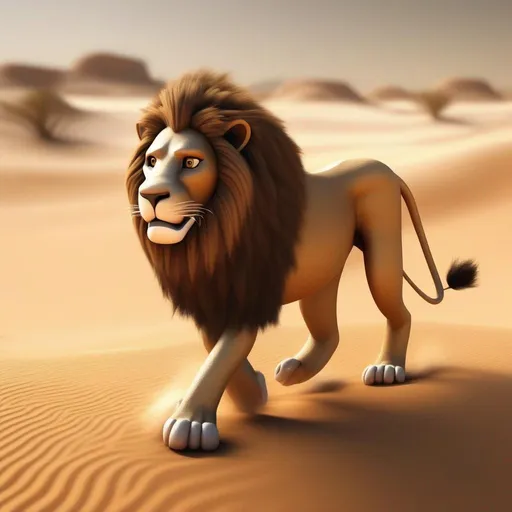Prompt: A powerful lion striding through the desert, its paw prints leaving a trail in the sand, 3 D render, pixar style