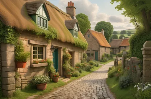 Prompt: A Pre-Raphaelite depiction of a cobblestone street in a serene rural village, showcasing lush greenery and quaint cottages. The scene is styled with vibrant colors, intricate details, and a soft focus that enhances the gentle mood of the village atmosphere.