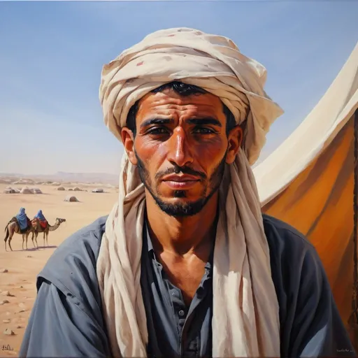 Prompt: bedouin portrait with a tent on the background, oil painting