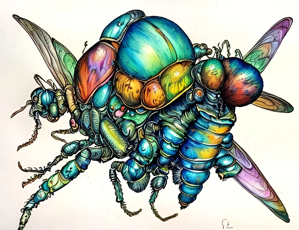 Prompt: Colorful insect in the style of Ivan Bilibin, Ernst Haeckel, Daniel Merriam, watercolor and ink