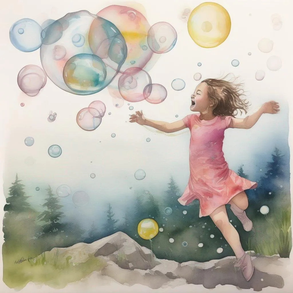 Prompt: A girl's boundless glee, Chasing bubbles through the air,  Madeline Berger, watercolor and ink