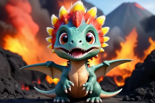 Prompt: an adorable and fluffy baby dinosaur with big color eyes, roaring, with soft feathers and wings, lava, volcano and fire, with blur background, high quality, 8k