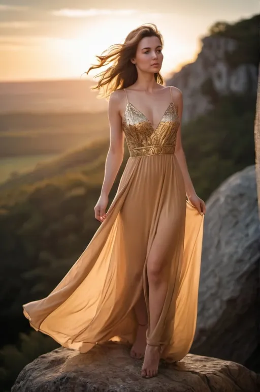 Prompt: Beautiful woman wearing a flowing dress standing on top of a rock. Golden hour. Intricate, high definition