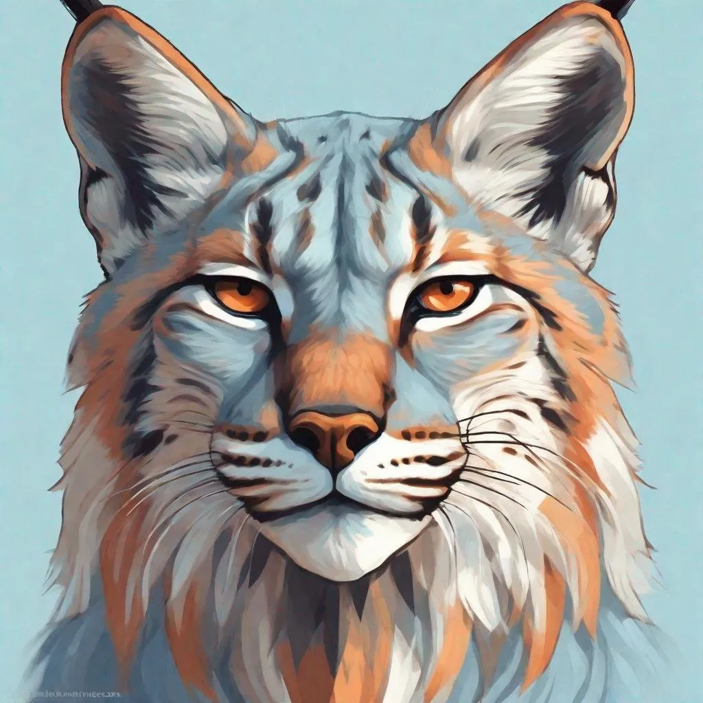 Prompt: illustration portrait of a majestic lynx | expressive color palette; light blue and dark
orange  | flat perspective | translucent planes | bone; dignified pose; kingcore