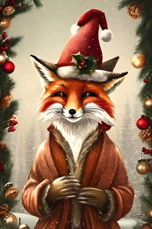 Prompt: Create a vintage-inspired portrait of a festive fox donning a Christmas hat. Focus on rich, earthy tones and a soft, diffused lighting reminiscent of classic holiday illustrations. Incorporate timeless elements such as holly or ornaments to enhance the festive theme. Consider adding a touch of whimsy to capture the fox's playful spirit