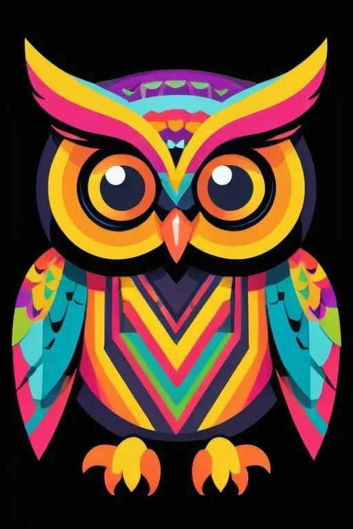 Prompt: Cute and colorful vector illustration of an owl | in the style of bright colors on black background | simple shapes, bold lines, no shading or gradients, suitable for screen printing | The design should be filled with vibrant hues that contrast against a dark backdrop to create an eye-catching effect | It must have clear outlines without any intricate details or shadows | silkscreening stamp gouache