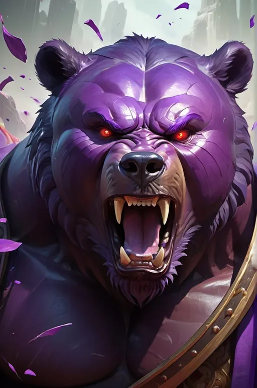 Prompt: Empires and Puzzles game, angry and furious bear, strong, big animal, enraged, roaring, berserk, wearing traditional purple clothing from the Three Kingdoms era in China, colorful, psychedelic, digital painting, artstation, concept art, smooth, sharp focus, illustration, art by artgerm and greg rutkowski and alphonse mucha, wide shot, nikon 14 mm,