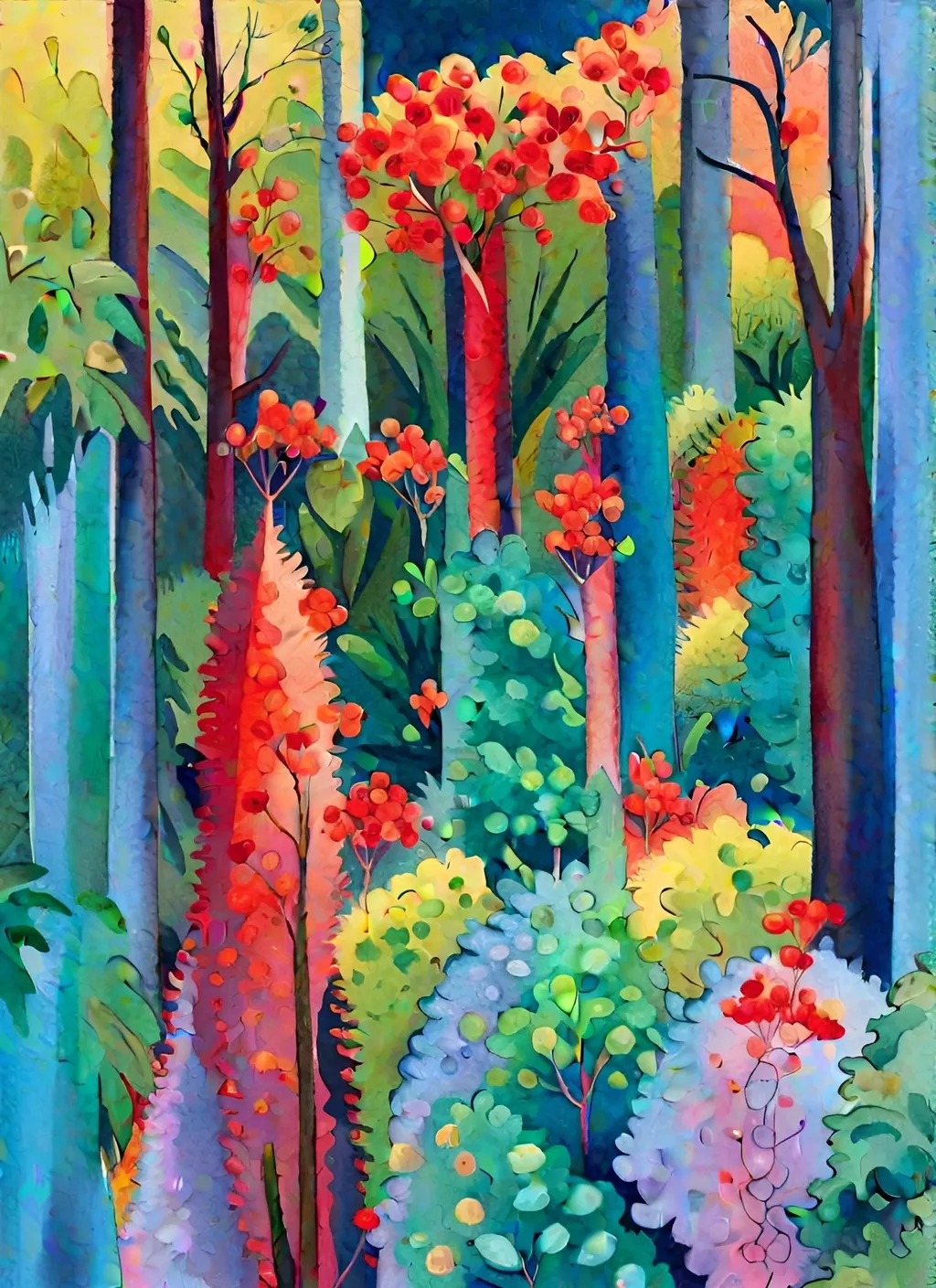 Prompt: jungle with red flowers