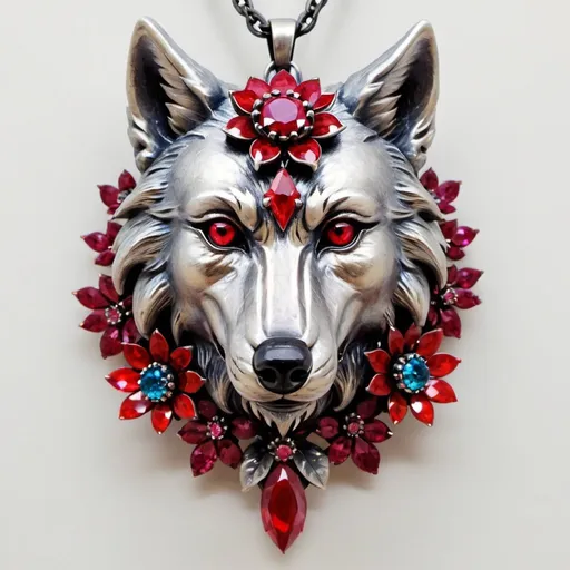 Prompt: Wolf's head made of bif crystals of rubies surrounded by 3d flower of two different colors made everything of ruby and crystals