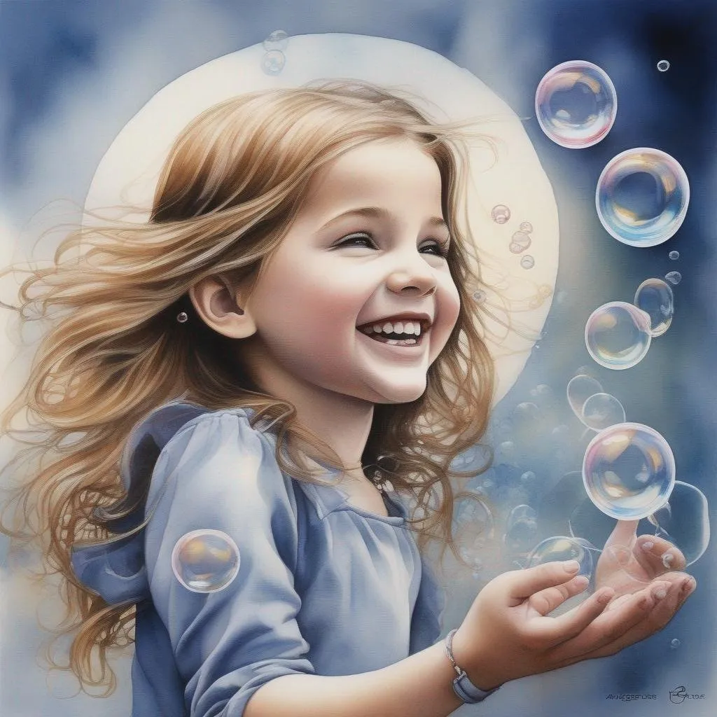 Prompt: A girl's boundless glee, Chasing bubbles through the air, Anne Stokes, Madeline Berger, watercolor and ink