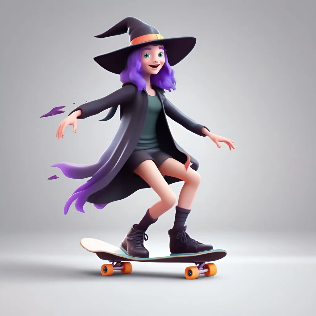 Prompt: young witch riding a skateboard, vector style, 3 D, white background