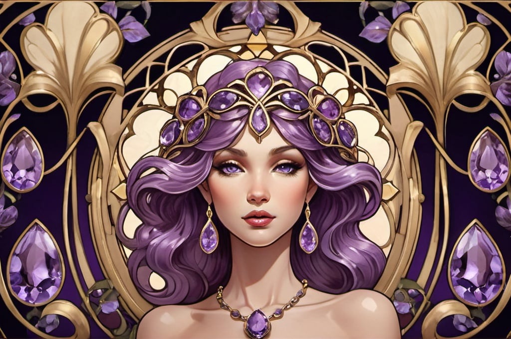 Prompt: Produce an enchanting visual composition that marries the opulence of Art Nouveau design with dramatic lighting techniques, highlighting the enchanting allure of amethysts