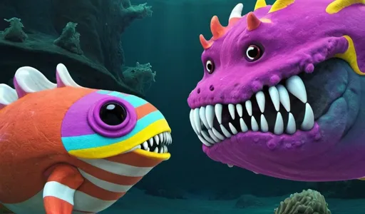 Prompt: two colorful seamonsters have an encounter under the sea