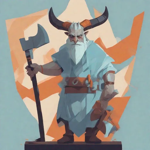 Prompt: illustration portrait of character with horns holding an axe | expressive color palette; light blue and dark
orange  | flat perspective | translucent planes | bone; dignified poses; kingcore