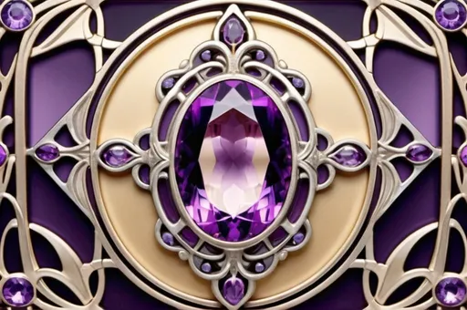 Prompt: Produce an enchanting visual composition that marries the opulence of Art Nouveau design with dramatic lighting techniques, highlighting the enchanting allure of amethysts