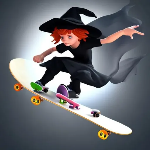 Prompt: young witch riding a skateboard, vector style, 3 D, white background