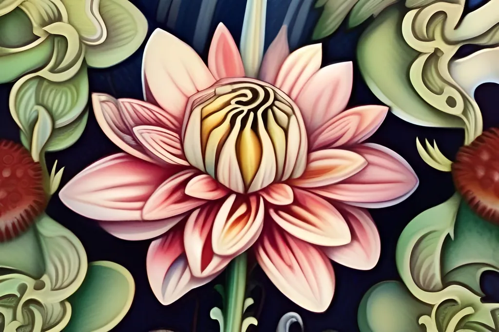 Prompt: Close up of a beautiful dahlia, oil painting, intricate, sharp focus in the style of Ivan Bilibin, Ernst Haeckel, Daniel Merriam, watercolor and ink