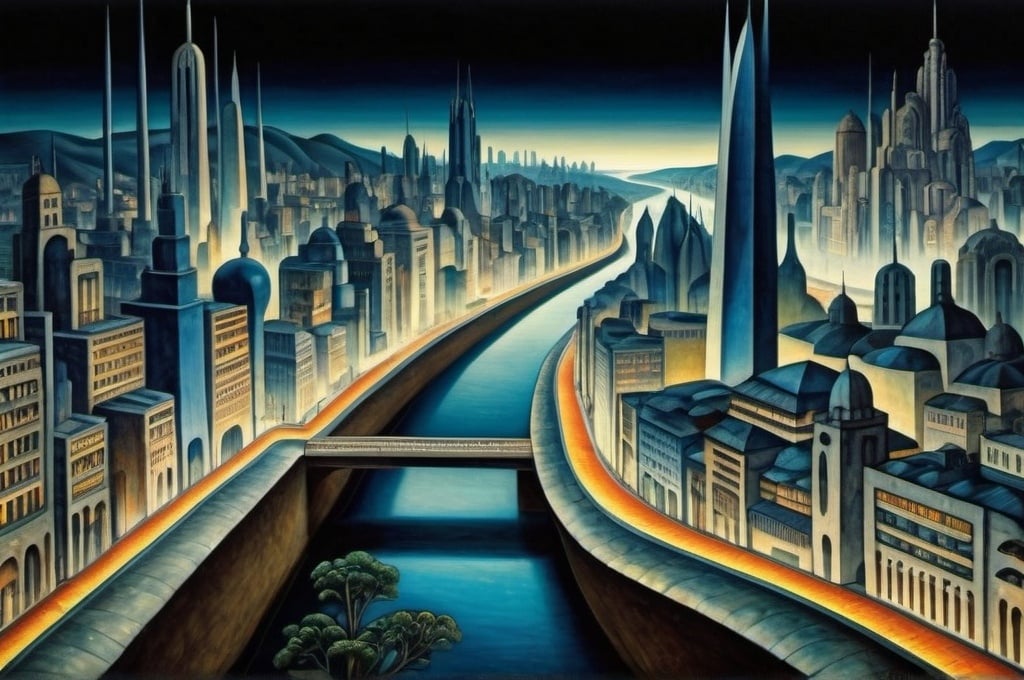 Prompt: futuristic cityscape with river in the foreground, by Diego Rivera, Azulejo, Dramatic, Closeup-View, Neon