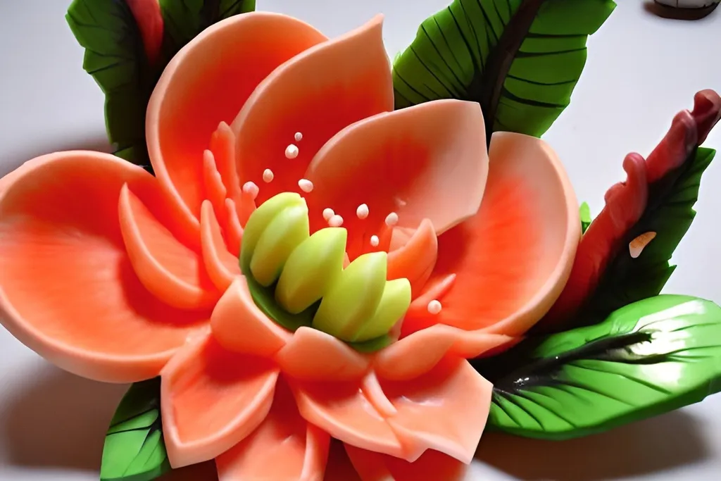 Prompt: Close-up flower fruit carving, edible art, Mukimono, Thai carving, food sculpture 