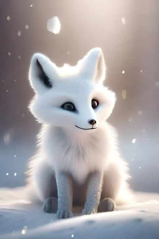 Prompt: 3D render baby white fox, adorable big eyes, snow, whimsical and soft, magical, fairy dust
