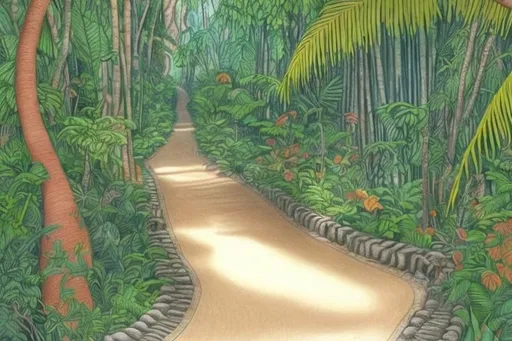 Prompt: colored pencil drawing of a path in the jungle leading to a buddhist temple