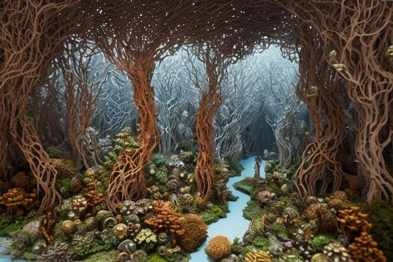 Prompt: Create a beautiful diorama of a fantasy forest in the style of Tara Donovan