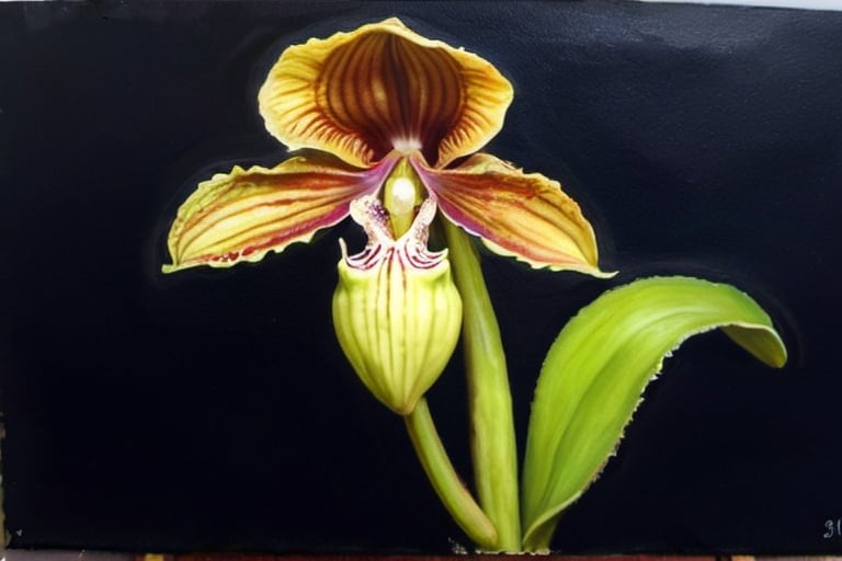 Prompt: oil painting of a venus slipper orchid