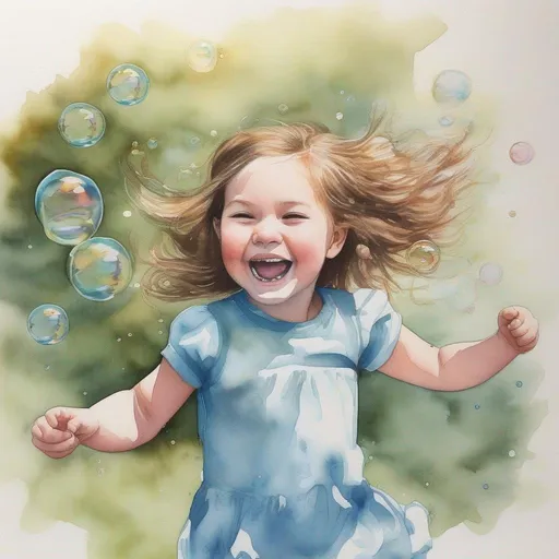 Prompt: A girl's boundless glee, Chasing bubbles through the air,  Madeline Berger, watercolor and ink