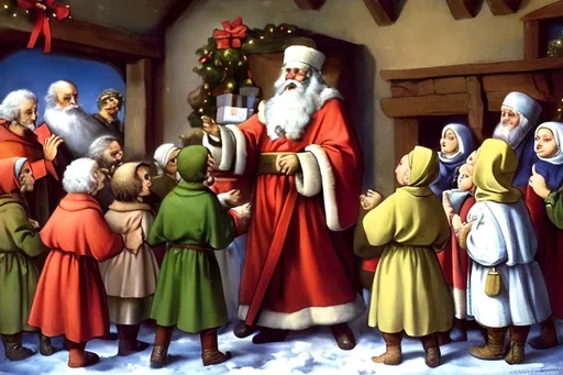 Prompt: A heartwarming depiction of St. Nicholas, with a kind smile on his face, handing out beautifully wrapped gifts to a group of children gathered around him in a cozy living room.