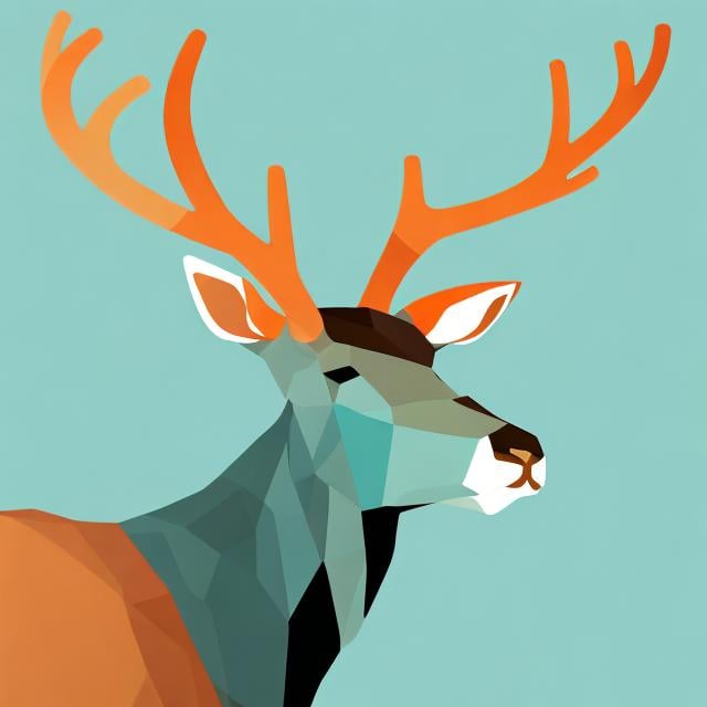 Prompt: illustration portrait of a majestic reindeer| expressive color palette; light blue and dark
orange  | flat perspective | translucent planes | bone; dignified pose; kingcore