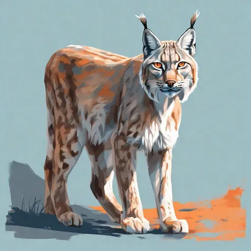 Prompt: illustration portrait of a majestic lynx | expressive color palette; light blue and dark
orange  | flat perspective | translucent planes | bone; dignified pose; kingcore