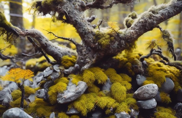 Prompt: yellow moss on grey stones, forest, cinematic photography. intricate