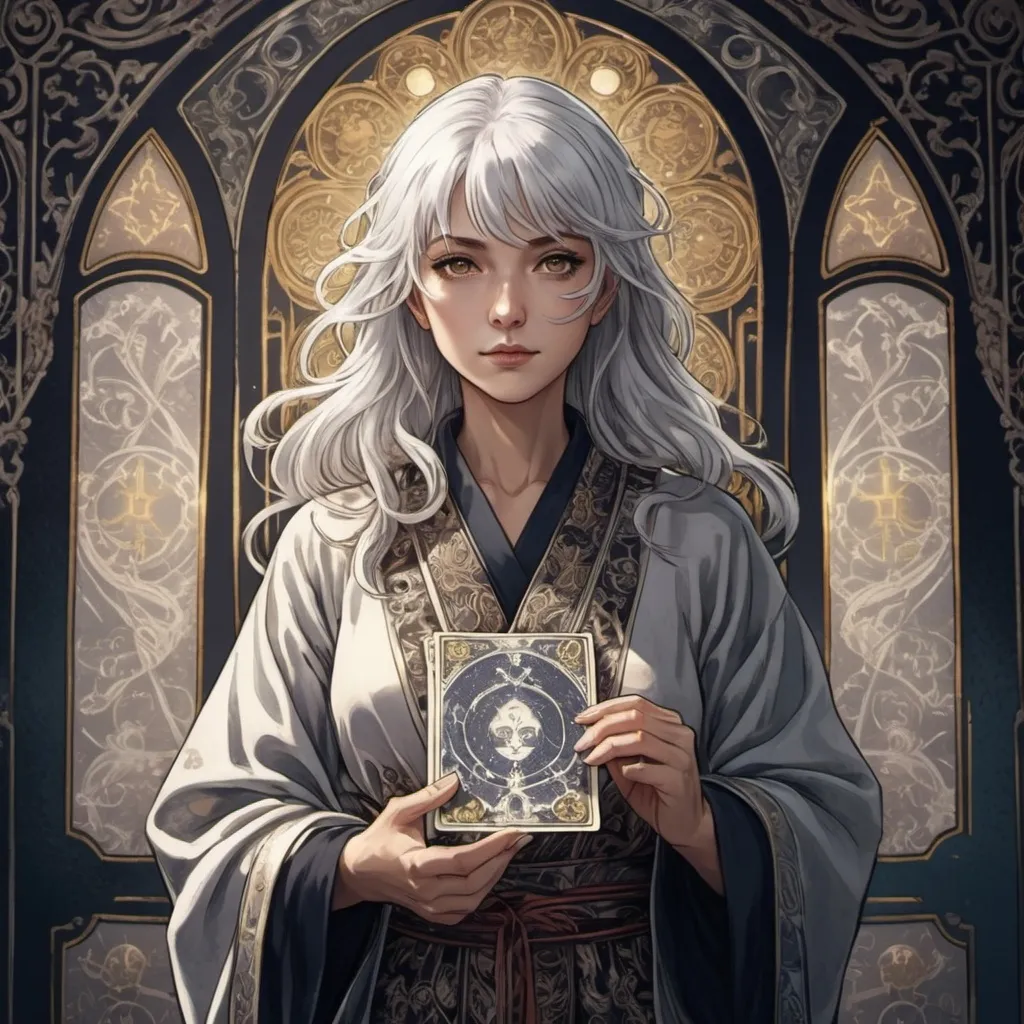 Prompt: tarot card Anime illustration, a silver-haired woman, detailed ornate cloth robe, dramatic lighting