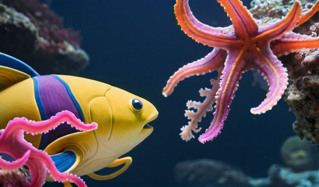 Prompt: two colorful seacreatures have an encounter under the sea