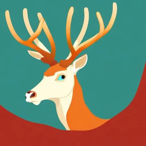 Prompt: illustration portrait of a majestic reindeer with a red bow on his neck| expressive color palette; light blue and dark
orange  | flat perspective | translucent planes | bone; dignified pose; kingcore