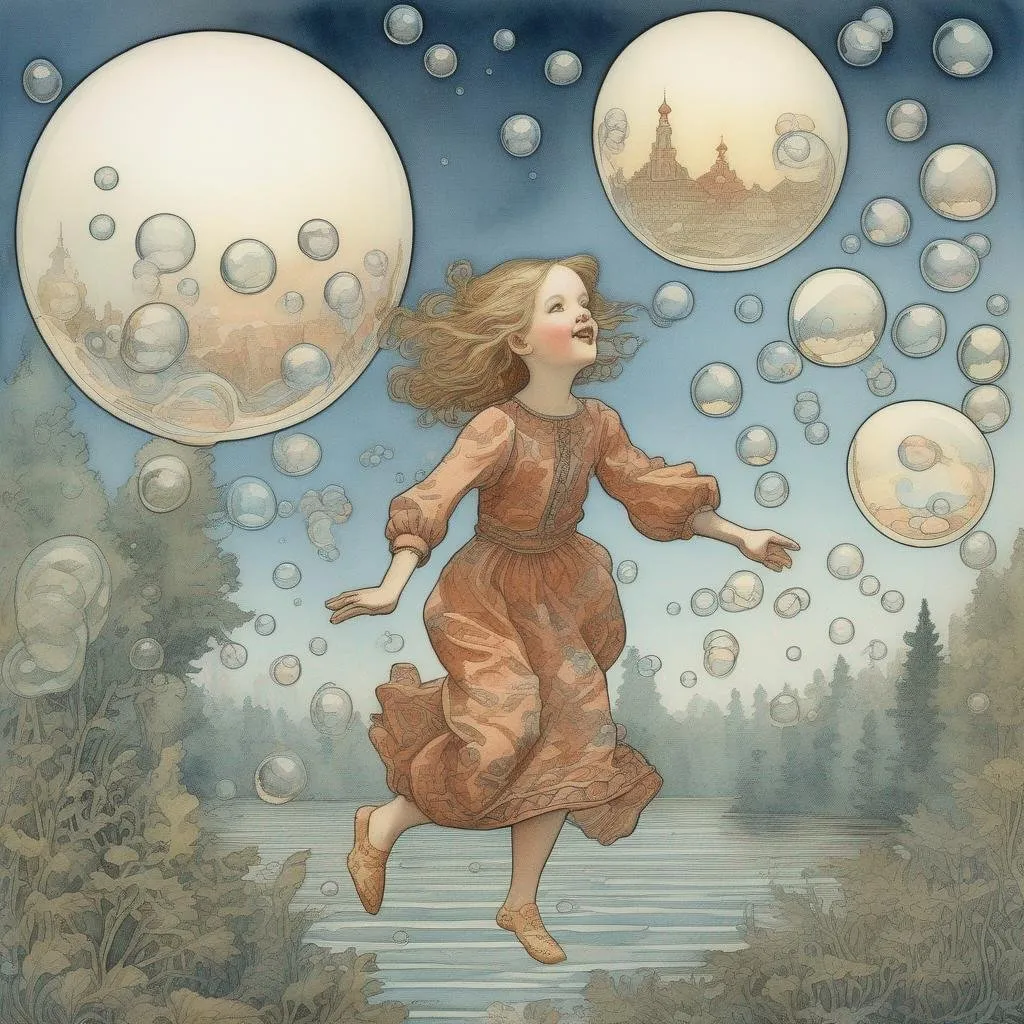 Prompt: A girl's boundless glee, Chasing bubbles through the air,  in the style of Ivan Bilibin, Ernst Haeckel, Daniel Merriam, watercolor and ink, watercolor and ink