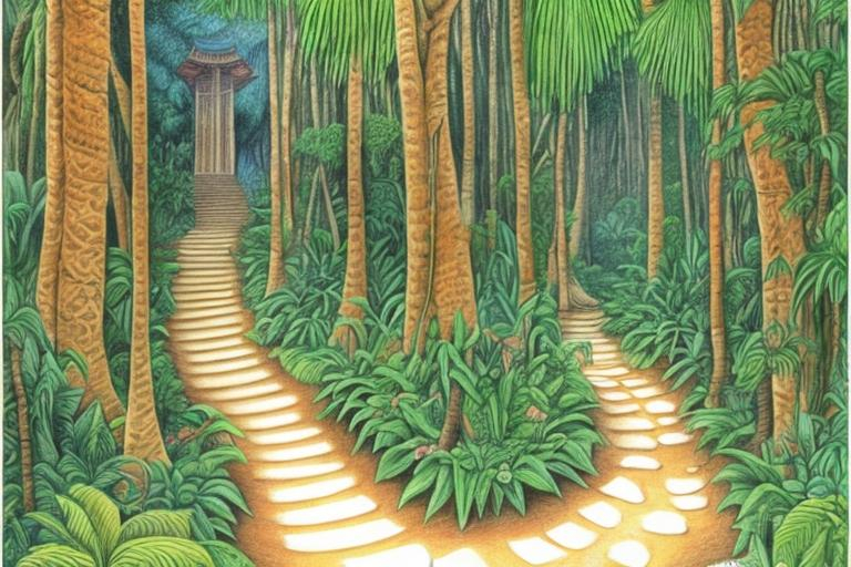 Prompt: colored pencil drawing of a path in the jungle leading to a buddhist temple