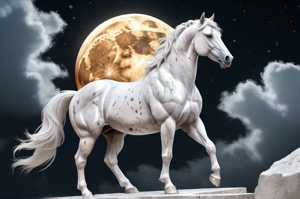 Prompt: Majestic stallion made of white marble.  Fantasy summer environment. Moonrise setting. Magical atmosphere. Photorealistic. Highly detailed painting. 64k resolution.