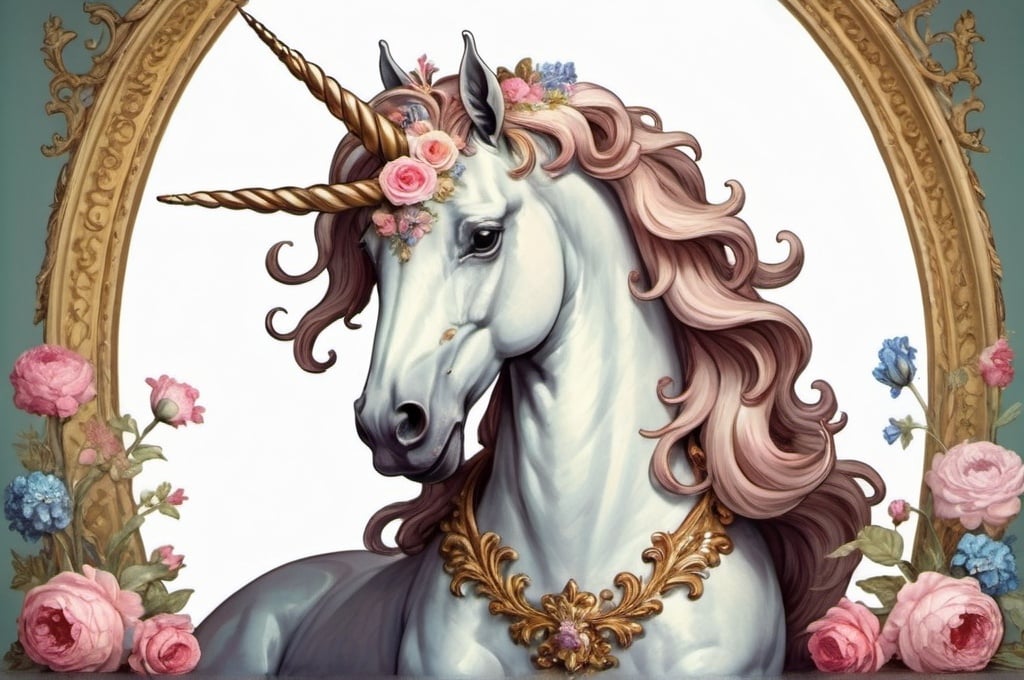 Prompt: A majestic unicorn wearing flowers in its mane, rococo style