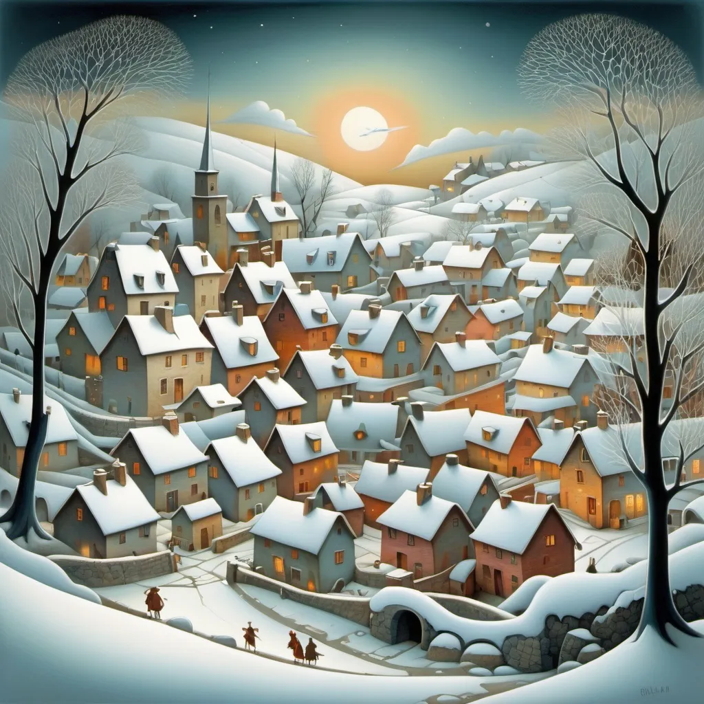 Prompt: village in winter, in the style of Daniel Merriam