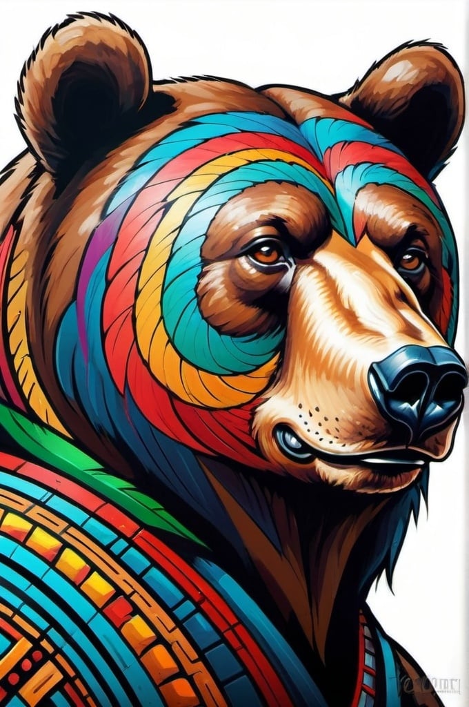 Prompt: colorful portrait of a bear, chicano art style, side view