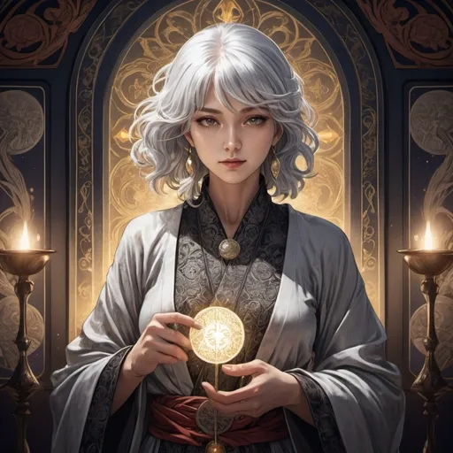 Prompt: tarot card Anime illustration, a silver-haired woman, detailed ornate cloth robe, dramatic lighting